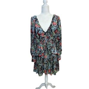 cinq a sept Floral V-Neck Tiered Long-Sleeve Dress in Black, Coral, Green, White